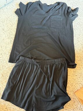 Black V-Neck Short Sleeve Pajama Set with Drawstring Shorts - Unbranded